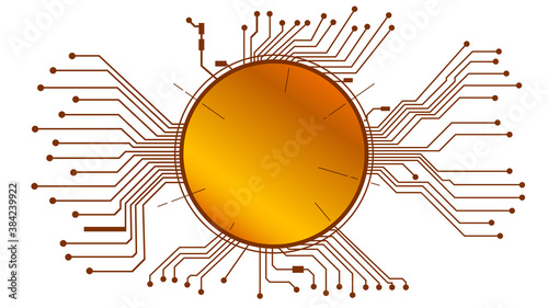 Golden digital circle with circuit board tracks with copy space isolated on white. Vector EPS10.