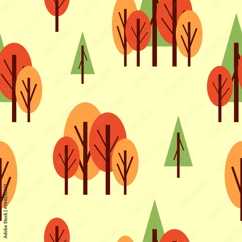 Seamless pattern with autumn trees. Red, green and orange. Yellow background. Cartoon flat style. Garden or forest. Nature and ecology. Postcards, wallpaper, textile, scrapbooking and wrapping paper
