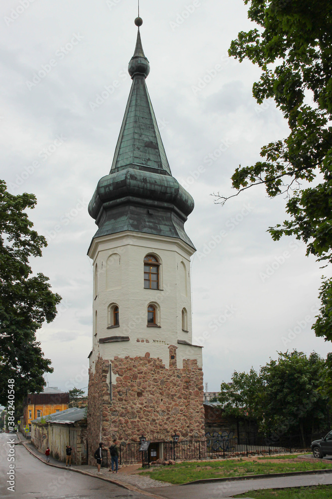 church tower. Ancient town tower in Vyborg, Russia 