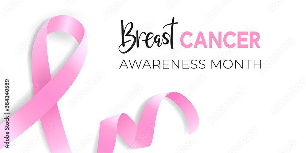 Breast cancer pink ribbon awareness month with hand drawn lettering. Concept of healthcare and illness prevention. Vector illustration of banner design template