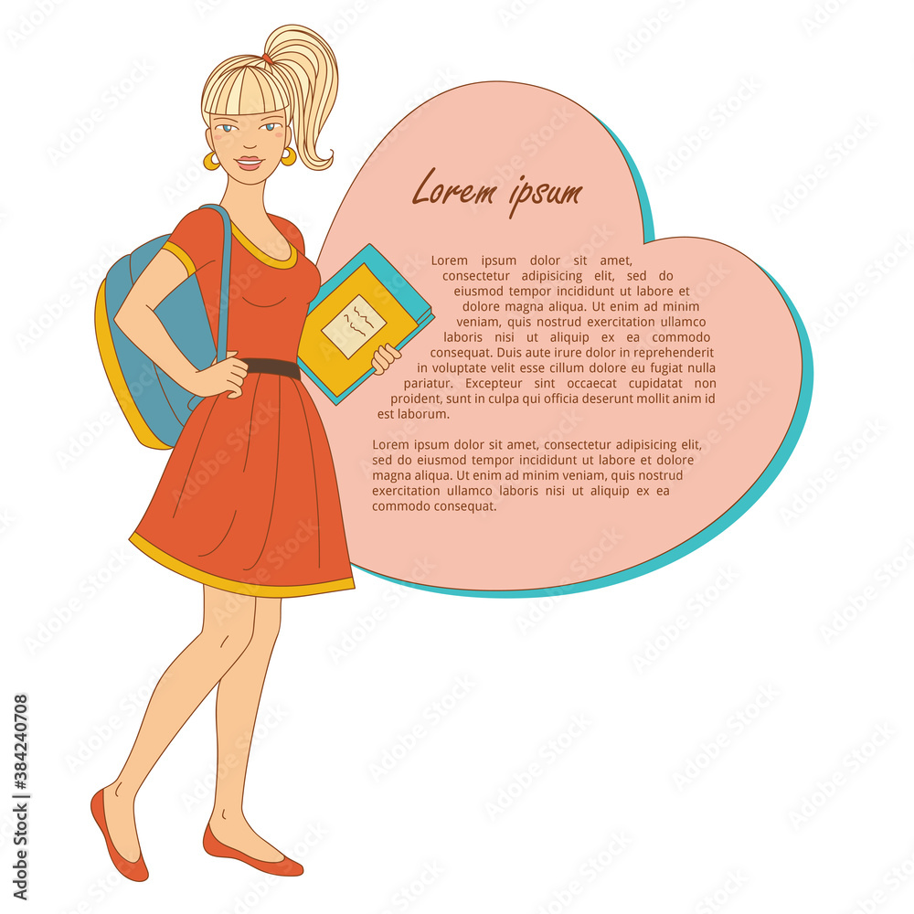 Young beautiful woman with books and bag. Student girl with fair hair in ponytail. College undergraduate. Vector illustration. Young beautiful woman with books and bag. Student girl with fair hair in ponytail. College undergraduate. Vector illustration.