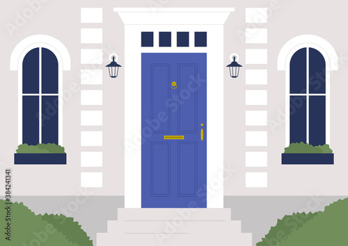 a facade of the building, front door and windows, architectural details, no people template, real estate