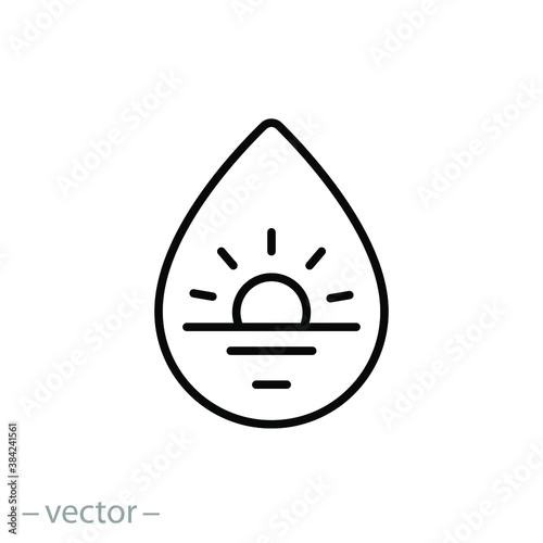 water drop with sun icon, concept clean environment, eco logo, thin line web symbol on white background - editable stroke vector illustration eps10