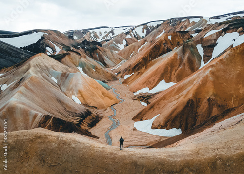 Landmannalaugar rainbow mountains from the birds eye view. Drone photography in the Highlands of Iceland. Tourism in Iceland