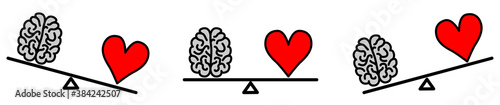 Cute Kawaii style brain and heart on seesaw weight scales, balanced or one side heavier version, emotions and rational thinking conflict concept photo