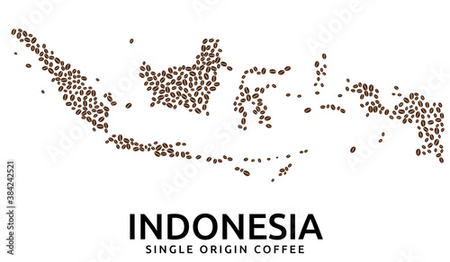 Shape of Indonesia map made of scattered coffee beans, country name below