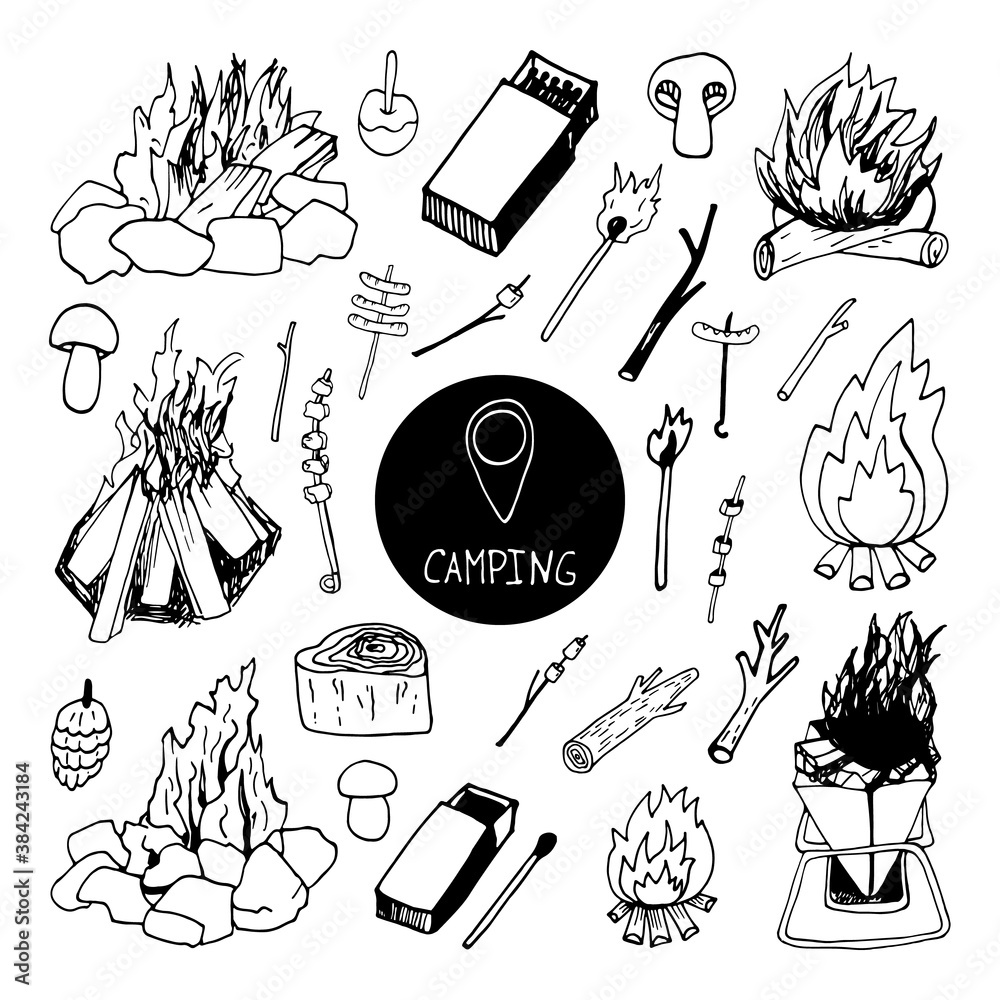 Big hand drawn vector campfire clip art set. Isolated on white ...
