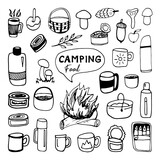 Huge hand drawn vector camping food and drink clip art set. Isolated on white background drawing for prints, poster, cute stationery, travel design. High quality illustrations