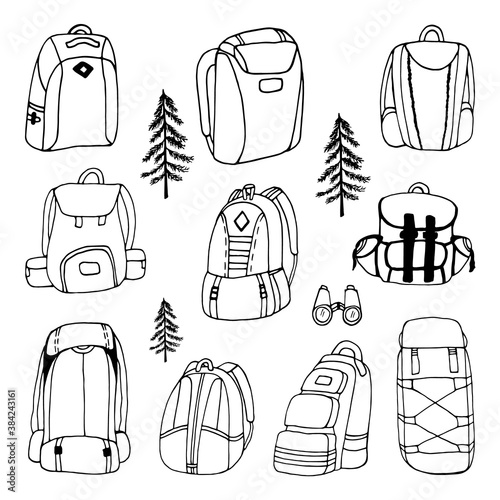 Big hand drawn vector camping backpacks clip art set. Isolated on white background drawing for prints, poster, cute stationery, travel design. High quality illustrations photo