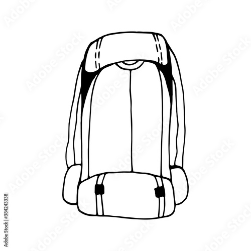 Hand drawn vector camping backpack clip art. Isolated on white background drawing for prints, poster, cute stationery, travel design. High quality illustrations
