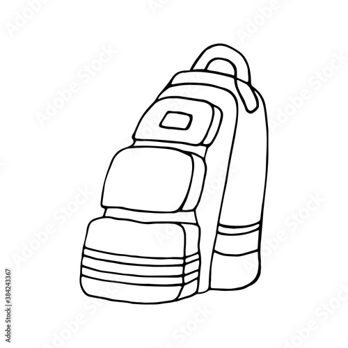 Hand drawn vector camping backpack clip art. Isolated on white background drawing for prints, poster, cute stationery, travel design. High quality illustrations