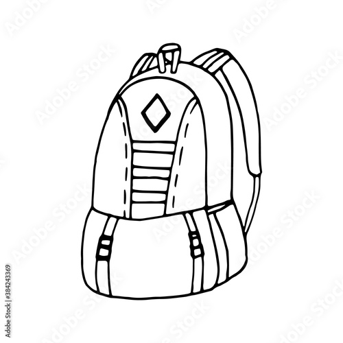 Hand drawn vector camping backpack clip art. Isolated on white background drawing for prints, poster, cute stationery, travel design. High quality illustrations