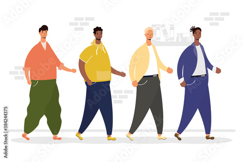 group of interracial men walking characters