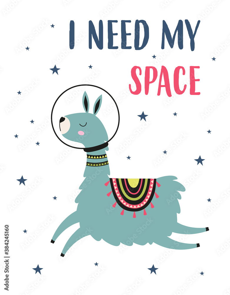 Fototapeta premium card of llama and space, vector illustration