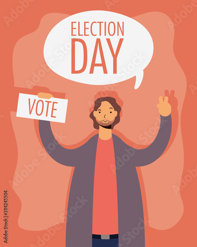 election day lettering in speech bubble with man lifting voting card