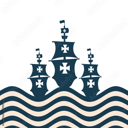 Christopher Columbus ships at the striped sea vector design
