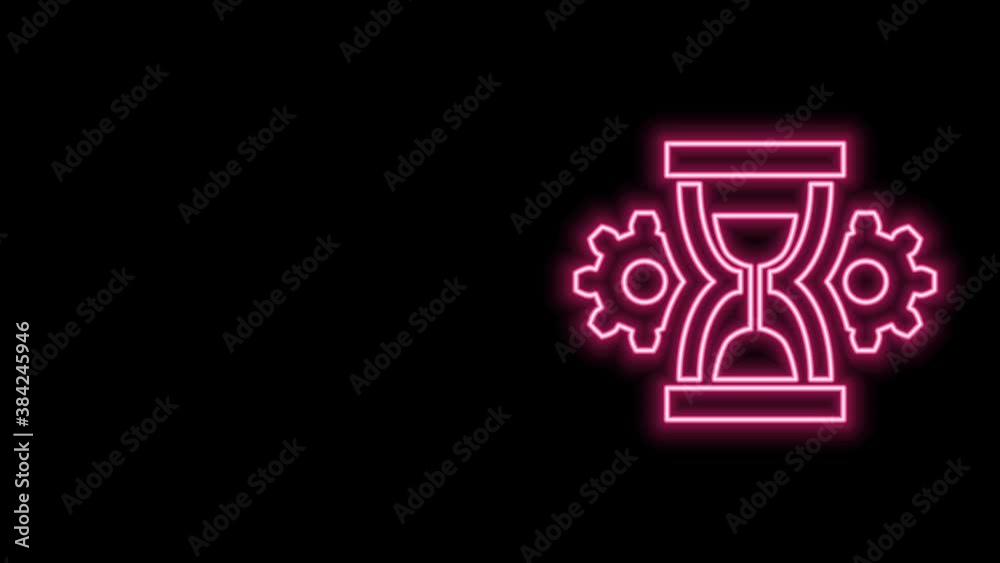 Glowing neon line Hourglass and gear icon isolated on black background. Time Management symbol. Clock and gear icon. Productivity symbol. 4K Video motion graphic animation Glowing neon line Hourglass and gear icon isolated on black background. Time Management symbol. Clock and gear icon. Productivity symbol. 4K Video motion graphic animation