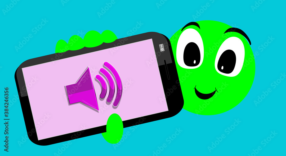 Icon, sound, symbol, speaker. Sign on the mobile phone. Emoticon. Illustration of the green doll showing the mobile screen. Expression face. Avant-garde graphic poster design. Icon, sound, symbol, speaker. Sign on the mobile phone. Emoticon. Illustration of the green doll showing the mobile screen. Expression face. Avant-garde graphic poster design.