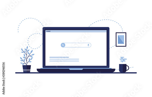 Vector illustration in flat style. Laptop with search page. Workplace with computer, pc. Screen monitor. Start page browser. Website internet. Stay and job in home. Blue