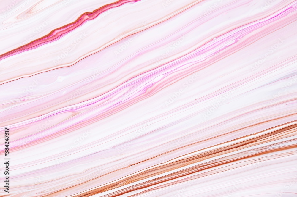 Fluid art texture. Backdrop with abstract iridescent paint effect. Liquid acrylic artwork that flows and splashes. Mixed paints for baner or wallpaper. Pink, white and brown overflowing colors