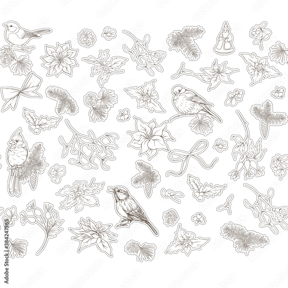 Obraz premium Christmas seamless pattern with spruce, pine, poinsettia and winter birds: robin, cardinal, tit. Graphic drawing, engraving style. Vector illustration