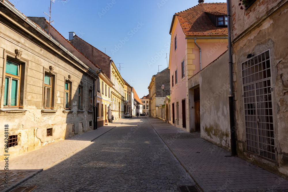 Amazing, old, Varazdin town streets, almost empty, with no people during hot, summer day