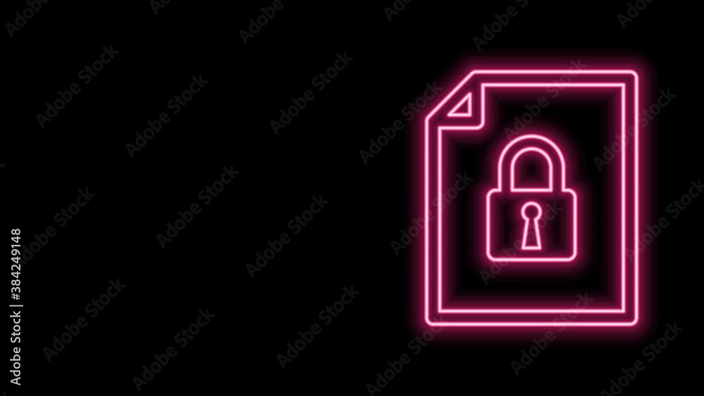 Glowing neon line Document and lock icon isolated on black background. File format and padlock. Security, safety, protection concept. 4K Video motion graphic animation Glowing neon line Document and lock icon isolated on black background. File format and padlock. Security, safety, protection concept. 4K Video motion graphic animation