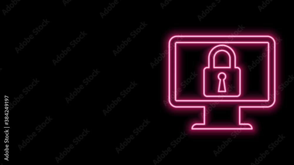 Glowing neon line Lock on computer monitor screen icon isolated on black background. Monitor and padlock. Security, safety, protection concept. Safe internetwork. 4K Video motion graphic animation Glowing neon line Lock on computer monitor screen icon isolated on black background. Monitor and padlock. Security, safety, protection concept. Safe internetwork. 4K Video motion graphic animation
