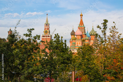 View of the Spasskaya Tower of the Kremlin and the Church of Vasily the Blessed.from Zaryadye Park