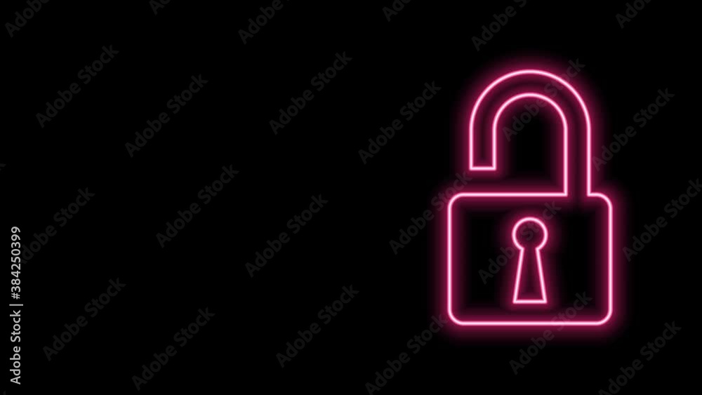 Glowing neon line Open padlock icon isolated on black background. Opened lock sign. Cyber security concept. Digital data protection. Safety safety. 4K Video motion graphic animation Glowing neon line Open padlock icon isolated on black background. Opened lock sign. Cyber security concept. Digital data protection. Safety safety. 4K Video motion graphic animation