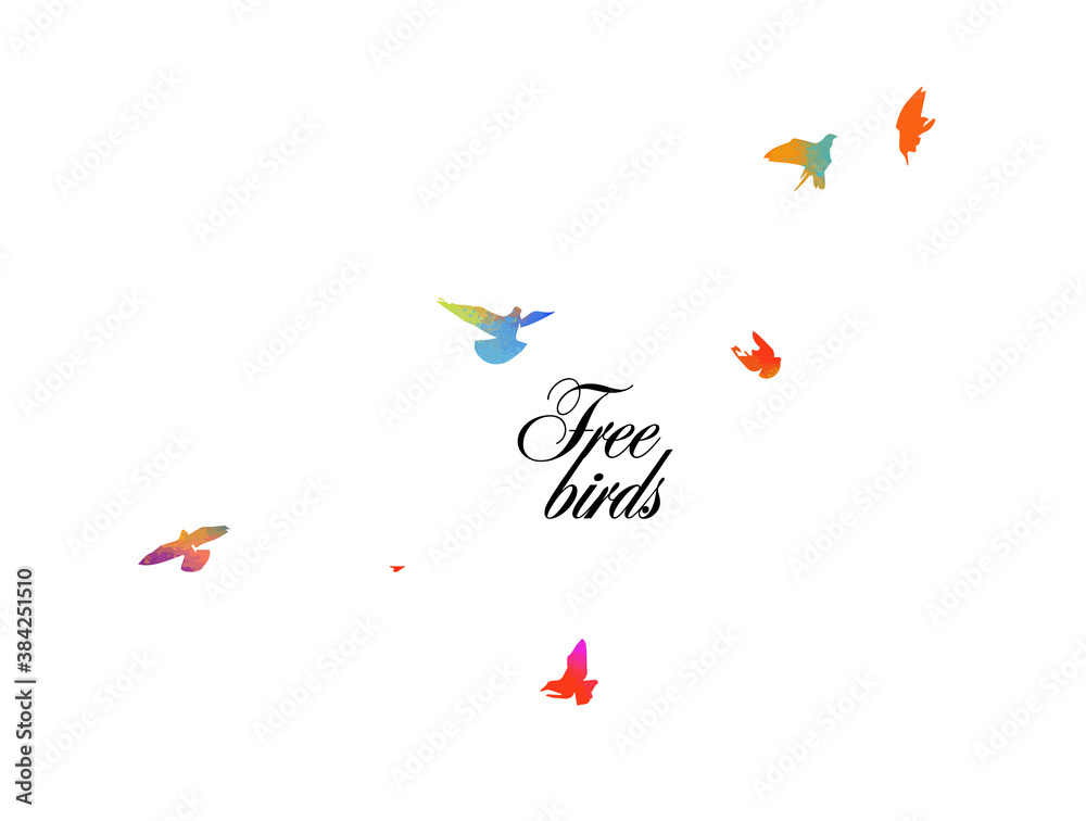 Fototapeta premium Bird watercolor. A flock of colorful birds. Mixed media. Vector illustration