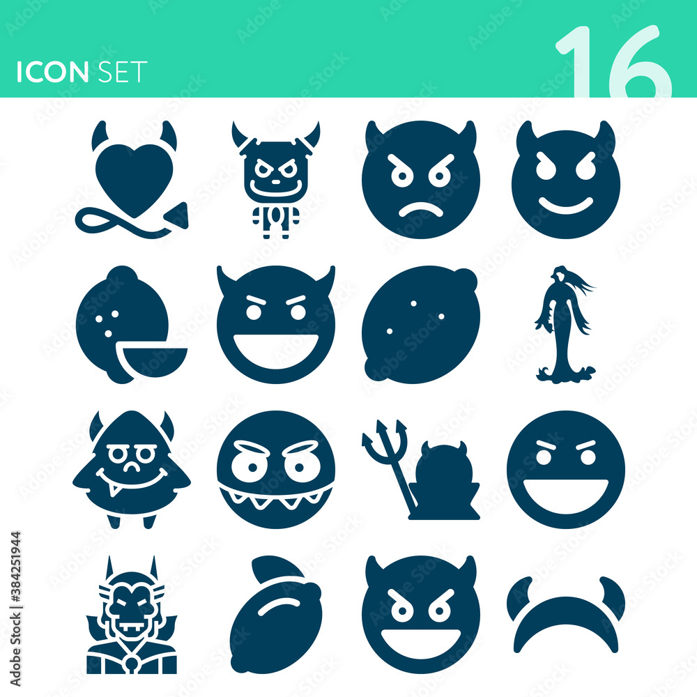 Simple set of 16 icons related to satan