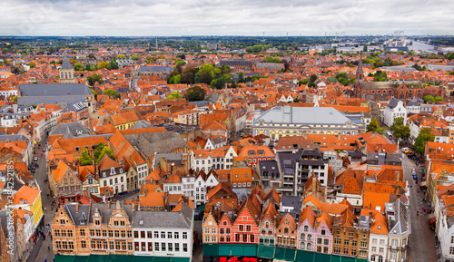 Bruges, Flanders, Belgium, Europe - October 1, 2019. Autumn scenery of medieval world heritage city, Bruges (Brugge) from the Belfry tower aerial view