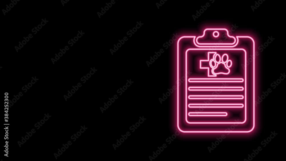 Glowing neon line Clipboard with medical clinical record pet icon isolated on black background. Health insurance form. Medical check marks report. 4K Video motion graphic animation Glowing neon line Clipboard with medical clinical record pet icon isolated on black background. Health insurance form. Medical check marks report. 4K Video motion graphic animation