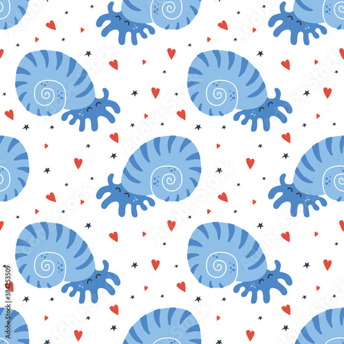 Vector seamless pattern of handdrawn nautilus or mollusk in shell around stars and hearts on the white background. Concept for kids textile design