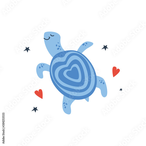 Vector handdrawn cute illustration of turtle with heart shape shell around hearts and stars on the white background. Concept for kids, cute cartoon character for children poster. Funny sea creature