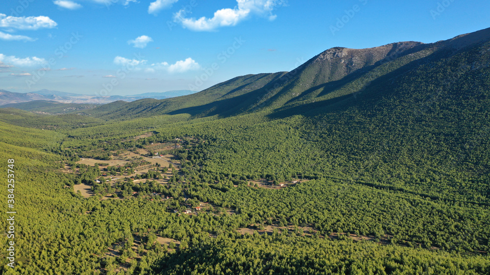 Aerial drone photo of beautiful mountainous landscape in West Attica next to famous mountain of Pateras, Greece