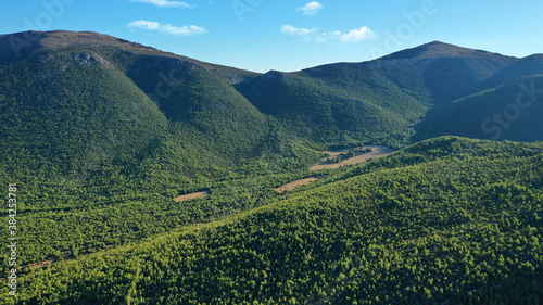 Aerial drone photo of beautiful mountainous landscape in West Attica next to famous mountain of Pateras, Greece photo