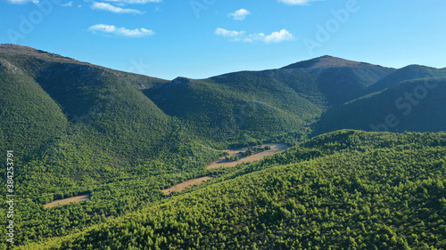 Aerial drone photo of beautiful mountainous landscape in West Attica next to famous mountain of Pateras, Greece photo