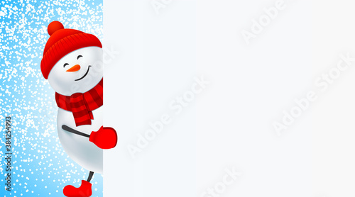 Snowman holding a white blank banner with copy space. Horizontal Christmas background, with Santa Claus, and a clean billboard on a blue snowy background. Vector design for Xmas, and New Year.