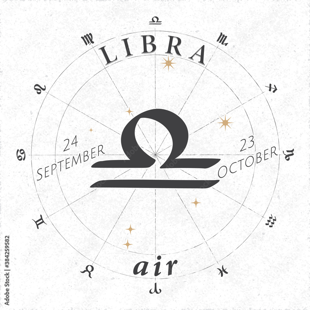 Zodiac Sign Libra Logo and Air Lettering with Libra Constellation Stars and Dates in Zodiac Circle - Black and Beige Elements on White Rough Paper Background - Vintage Graphic Design Zodiac Sign Libra Logo and Air Lettering with Libra Constellation Stars and Dates in Zodiac Circle - Black and Beige Elements on White Rough Paper Background - Vintage Graphic Design