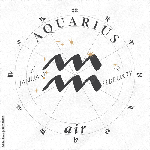 Zodiac Sign Aquarius Logo and Air Lettering with Aquarius Constellation Stars and Dates in Zodiac Circle - Black and Beige Elements on White Rough Paper Background - Vintage Graphic Design