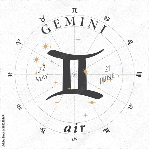 Zodiac Sign Gemini Logo and Air Lettering with Gemini Constellation Stars and Dates in Zodiac Circle - Black and Beige Elements on White Rough Paper Background - Vintage Graphic Design