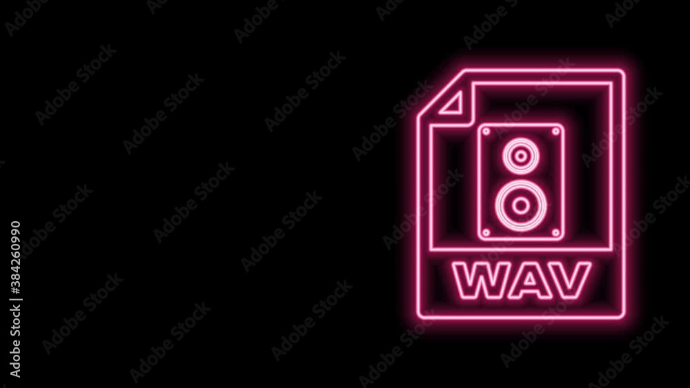 Glowing neon line WAV file document. Download wav button icon isolated on black background. WAV waveform audio file format for digital audio riff files. 4K Video motion graphic animation Glowing neon line WAV file document. Download wav button icon isolated on black background. WAV waveform audio file format for digital audio riff files. 4K Video motion graphic animation