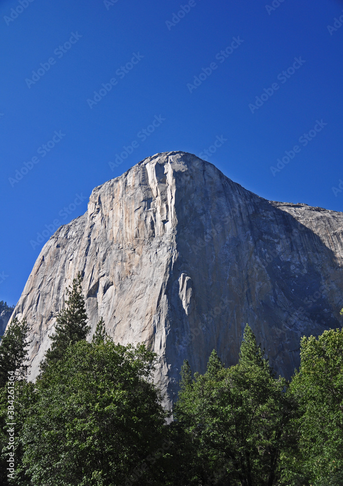 A view of the granite face of El Capitan. This sheer cliff is a challenge to mountain climbers who test their mountaineering skill on this peak in Yosemite.