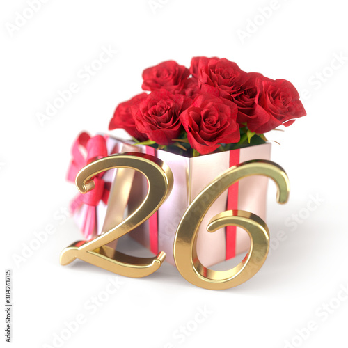 birthday concept with red roses in gift isolated on white background. twenty-sixth. 26th. 3D render