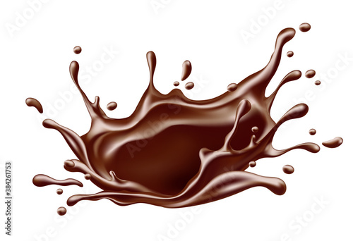 Sweet milk chocolate splash with drops, bubbles and blots. Isolated on white background. Illustration.