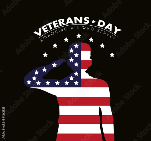happy veterans day lettering with usa flag and saluting soldier