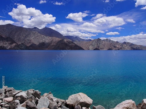 Beautiful lakes and magnificent blue skies and mountains  Pangong tso  Lake   Durbuk  Leh  Ladakh  Jammu and Kashmir  India