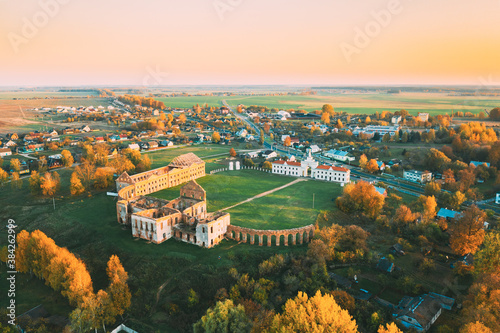 Ruzhany, Brest Region, Belarus. Cityscape Skyline In Autumn Sunny Evening. Bird's-eye View Of Ruzhany Palace. Famous Popular Historic Landmark photo